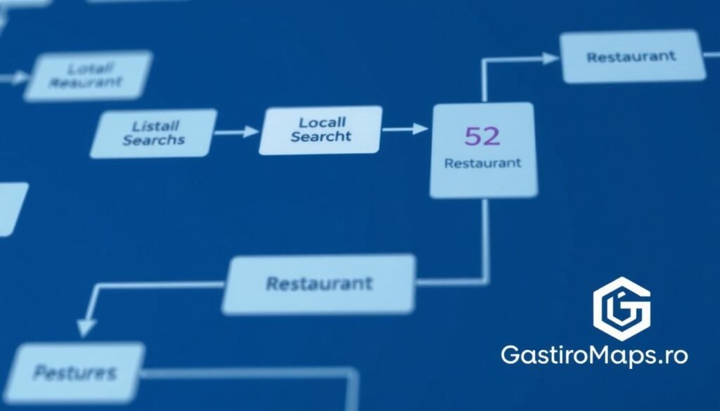 A close-up view of an algorithmic flowchart depicting the local search process for restaurants, rendered in a clean, minimalist style. The diagram features simple geometric shapes and clean lines, with key steps and decision points highlighted. The overall layout is intuitive and easy to follow, reflecting the efficient and streamlined nature of the algorithm. The color palette is muted and professional, with hues of blue and gray predominating to create a sense of authority and reliability. In the bottom right corner, the GastroMaps.pro logo is subtly incorporated, lending an air of expertise and credibility to the image.